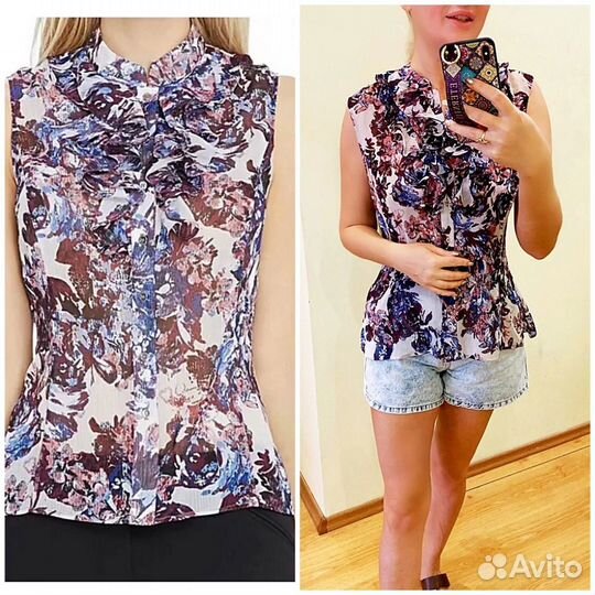 Цветочный нежный топ с жабо от Tahari из США L