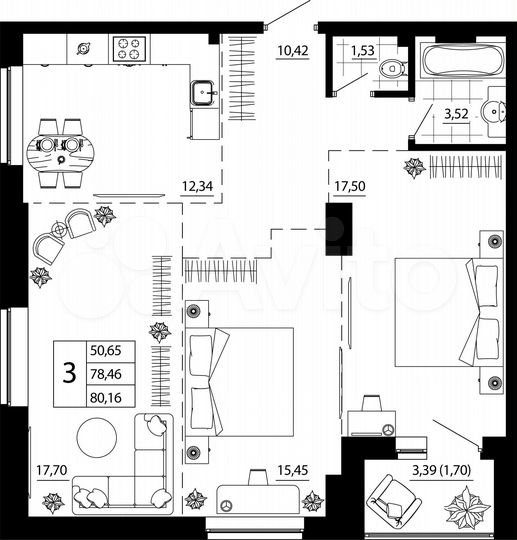3-к. квартира, 80,2 м², 23/24 эт.