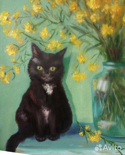 Картина маслом. Желтые цветы и котенок. 60х40