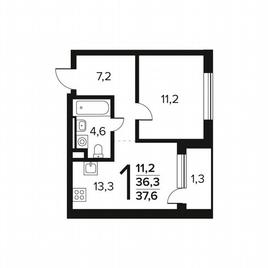 1-к. квартира, 37,6 м², 1/12 эт.