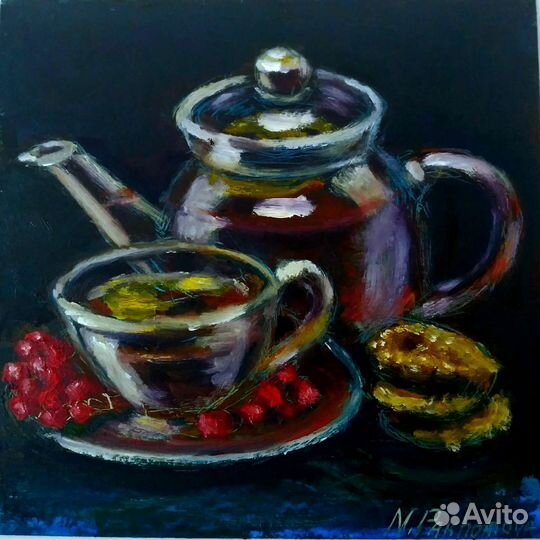 Картина маслом на картоне,Вечерний чай