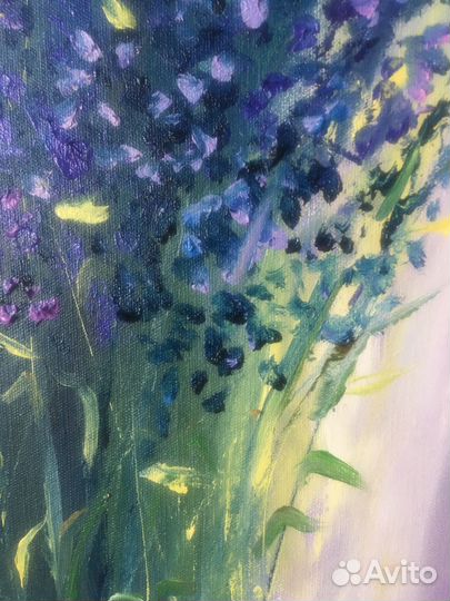 Картина маслом лаванда/ голубые цветы