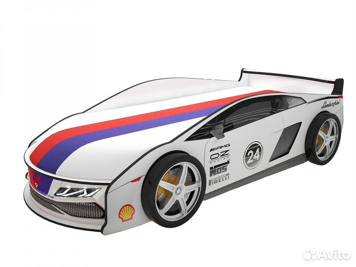 Кровать-машина Ламба Белая с колесами (2шт.)