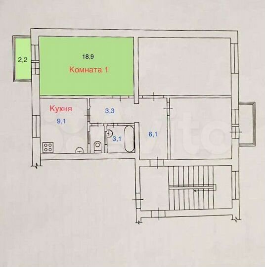 Комната 18,9 м² в 3-к., 3/3 эт.