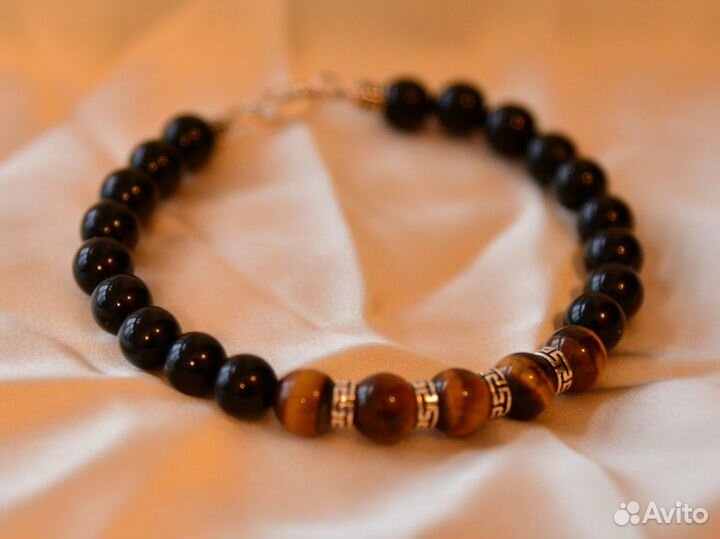 Браслет из агата, тигрового глаза и серебра 925