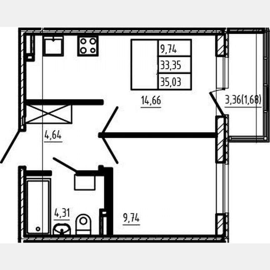 1-к. квартира, 33,4 м², 3/4 эт.