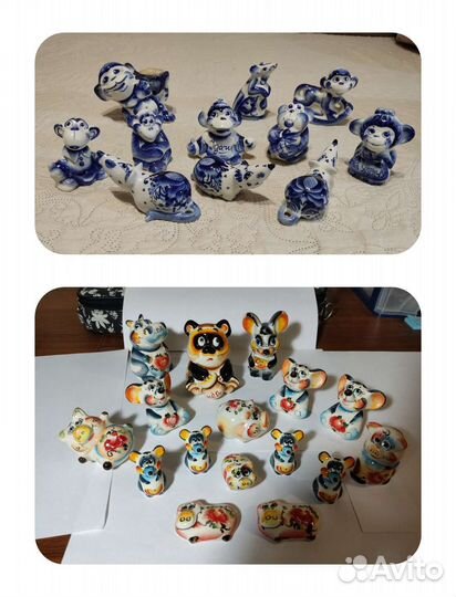 Фарфоровые статуэтки Гжель, цветные. Новые