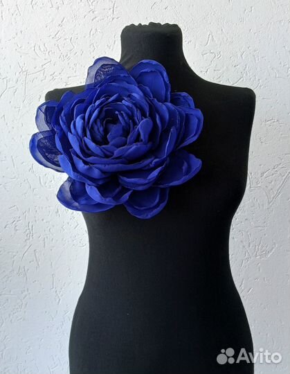 Брошь пион синий 20 см из шифона ручной работы
