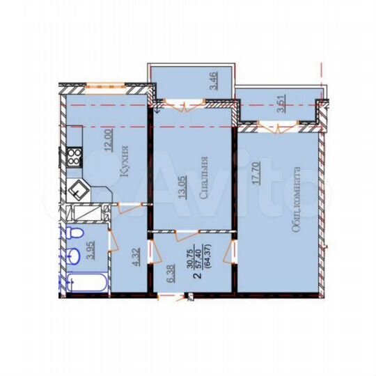 2-к. квартира, 64,4 м², 5/17 эт.