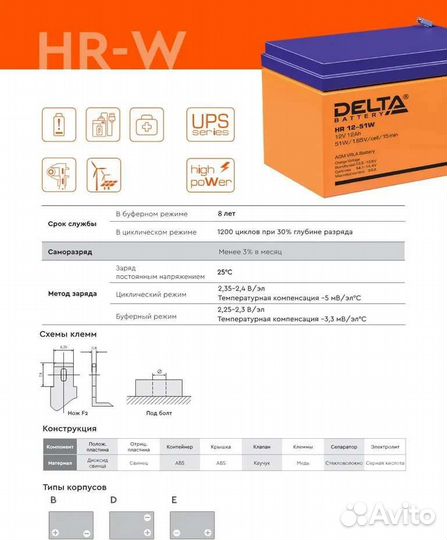 Аккумуляторная батарея Delta HR 12-51W (12V/12Ah)