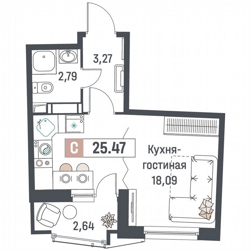Квартира-студия, 25,5 м², 13/18 эт.