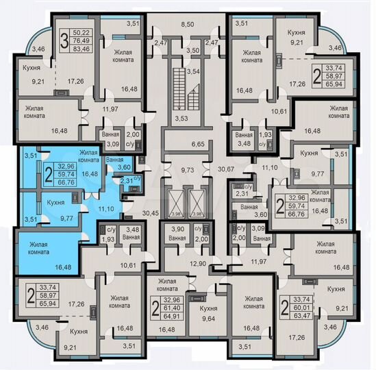 2-к. квартира, 66,8 м², 8/19 эт.