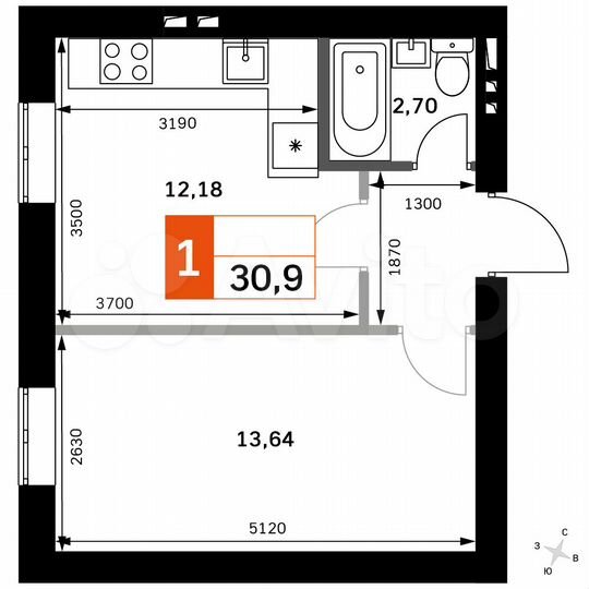 1-к. квартира, 30,9 м², 3/3 эт.