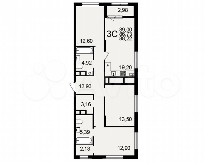 3-к. квартира, 88,2 м², 19/26 эт.