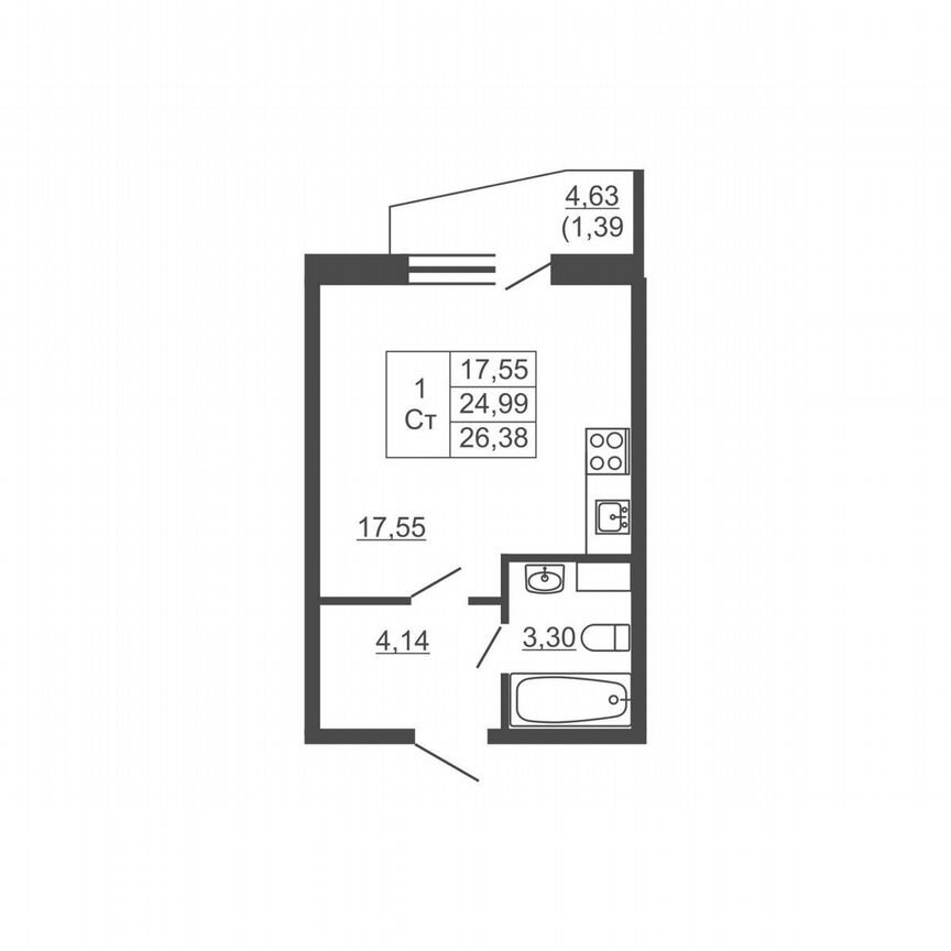 Квартира-студия, 26,4 м², 13/16 эт.