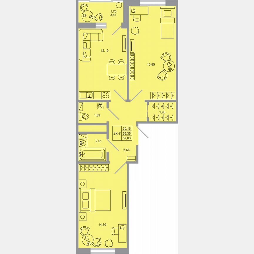 2-к. квартира, 57,1 м², 14/17 эт.