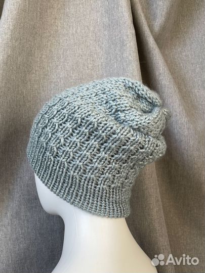 Шапка бини серая с узором двойная. Ручная работа