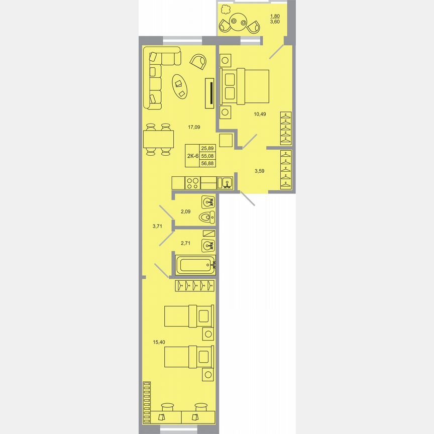 2-к. квартира, 56,9 м², 14/17 эт.