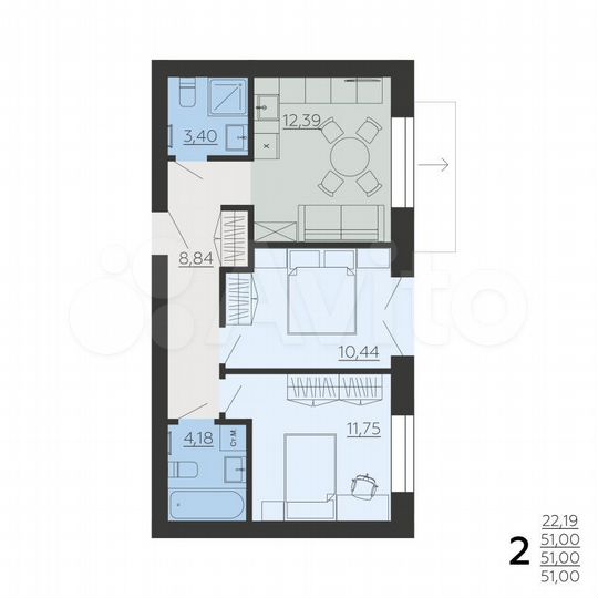 2-к. квартира, 51 м², 3/6 эт.