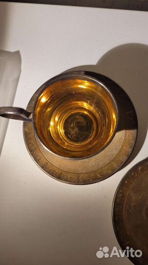 Набор из двух чашек с блюдцем мельхиор с позолотой