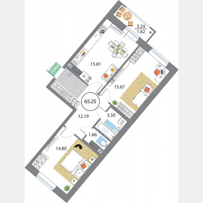 2-к. квартира, 65,3 м², 11/12 эт.