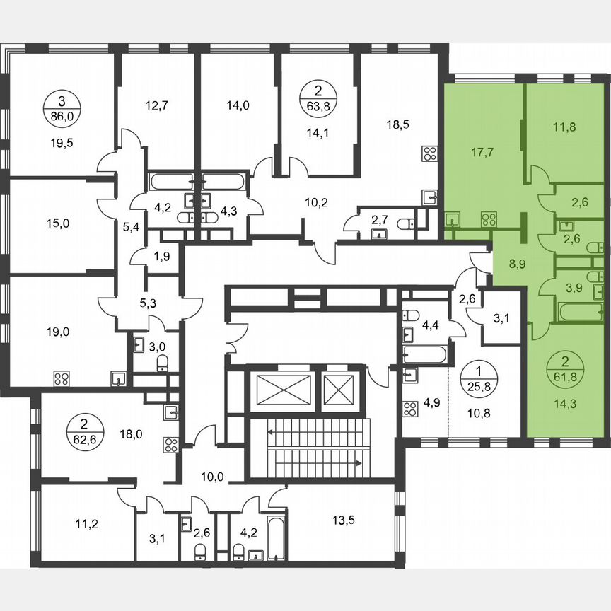 2-к. квартира, 61,8 м², 16/17 эт.
