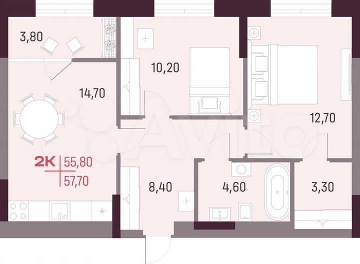 2-к. квартира, 55,8 м², 16/25 эт.