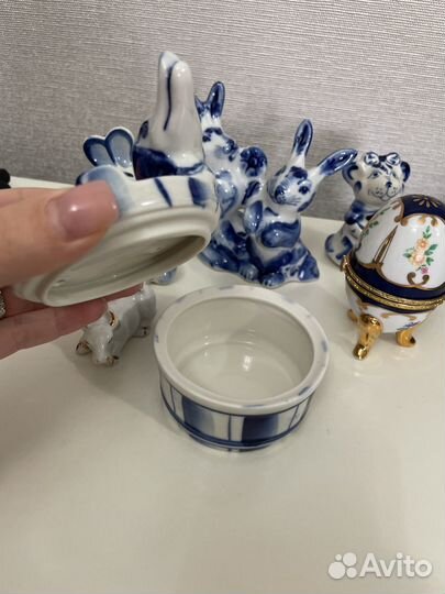 Гжель шкатулка фарфор щука заяц бык