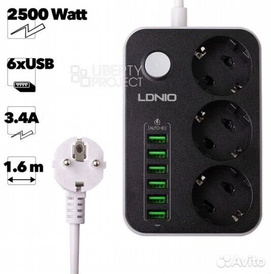Сетевой фильтр-удлинитель ldnio, 10A, 2500Вт