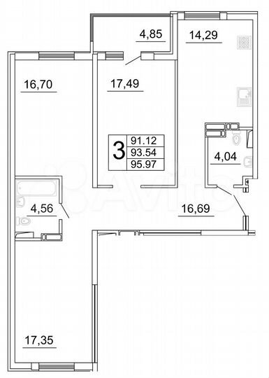 3-к. квартира, 96,1 м², 3/27 эт.