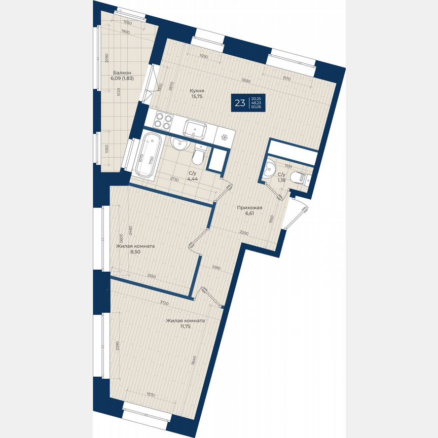 2-к. квартира, 50,1 м², 5/12 эт.