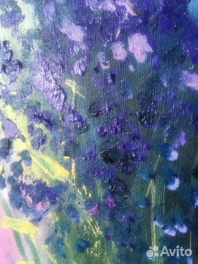 Картина маслом лаванда/ голубые цветы