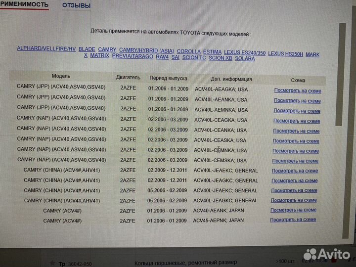 Кольца поршневые toyota двс 2azfe, 2azfxe
