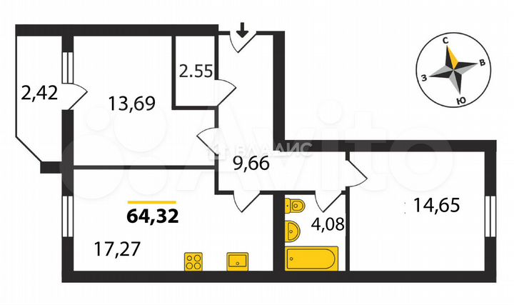 2-к. квартира, 64,3 м², 16/17 эт.