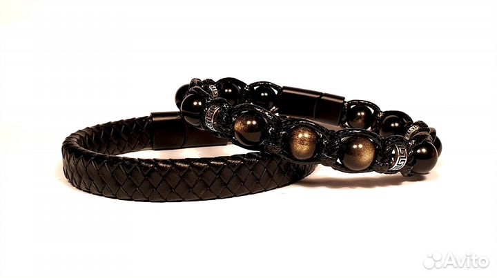 Сет Мужских браслетов Обсидан Натуральная кожа