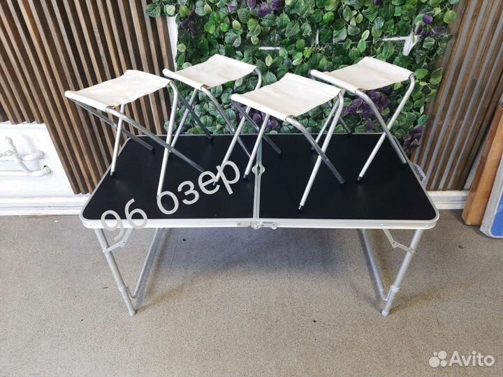 Стол складной чёрный 120 см с табуретами