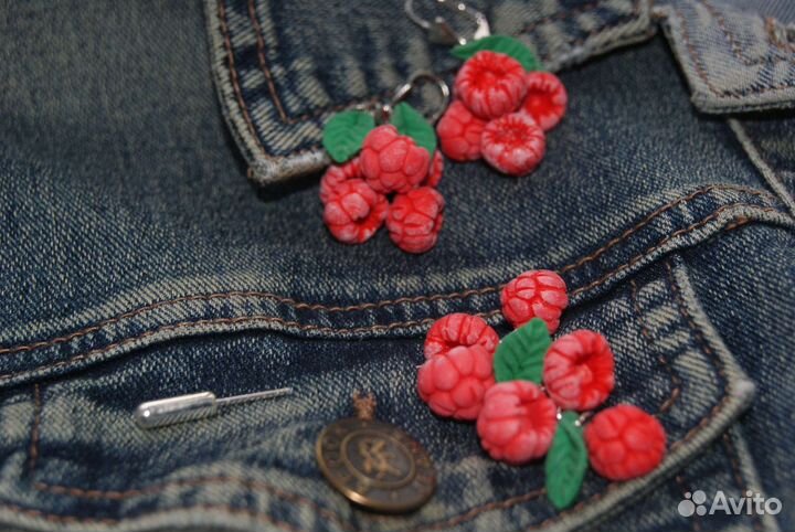 Брошь-игла, серьги малина