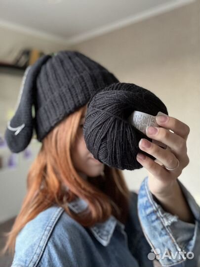 Шапка вязаная с ушами зайца, цепями, y2k