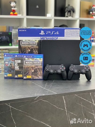 PS4 Slim 1tb + 2 оригинальных геймпада + 3 диска