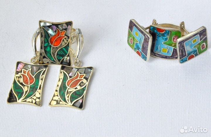 Серьги, кольцо с эмалью, коралл, малахит, перит