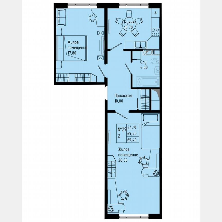 2-к. квартира, 69,4 м², 5/8 эт.