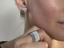 Серьги-пусеты и кольцо из японского бисера серебро