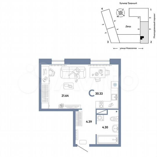 Квартира-студия, 30,3 м², 4/16 эт.