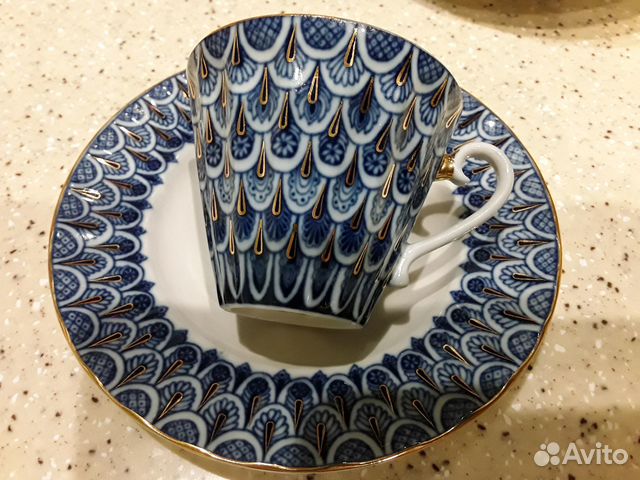 Чашка тарелка кобальт золото Лфз. Бокалы фарфор