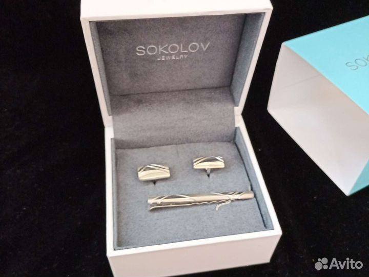 Запонки и зажим для галстука серебро новые Sokolov
