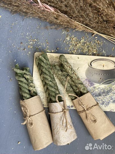 Свечи-скрутки восковые ручной работы зеленые