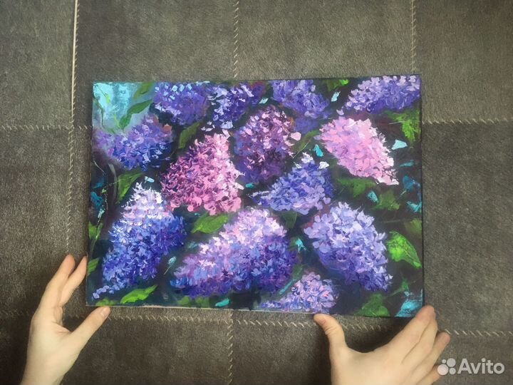 Картина маслом сирень/ голубые цветы
