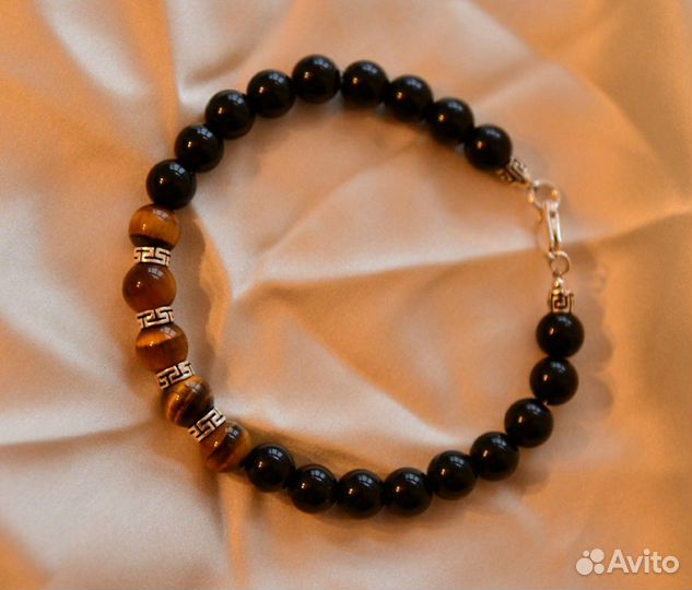 Браслет из агата, тигрового глаза и серебра 925