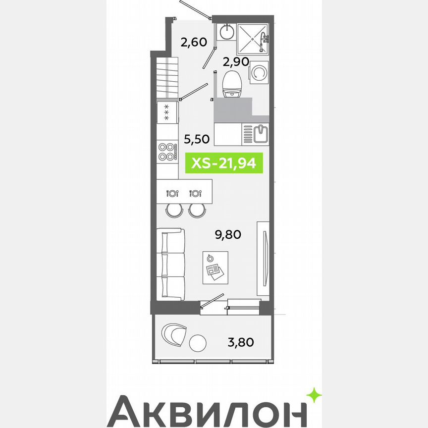 Квартира-студия, 21,9 м², 12/12 эт.