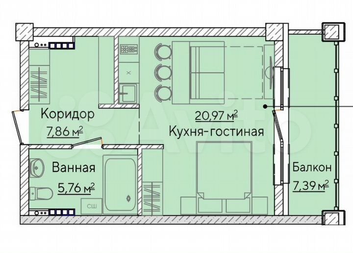 Апартаменты-студия, 36,8 м², 6/10 эт.